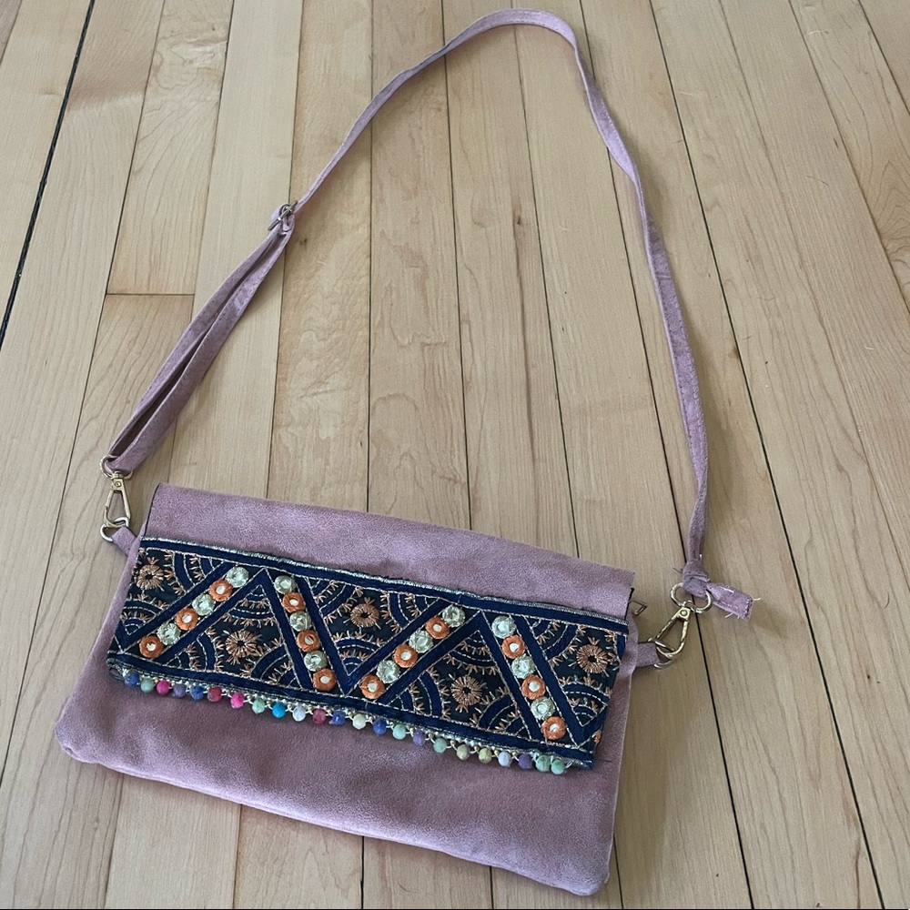 Embroidered Pink Suede Moroccan Boho Purse